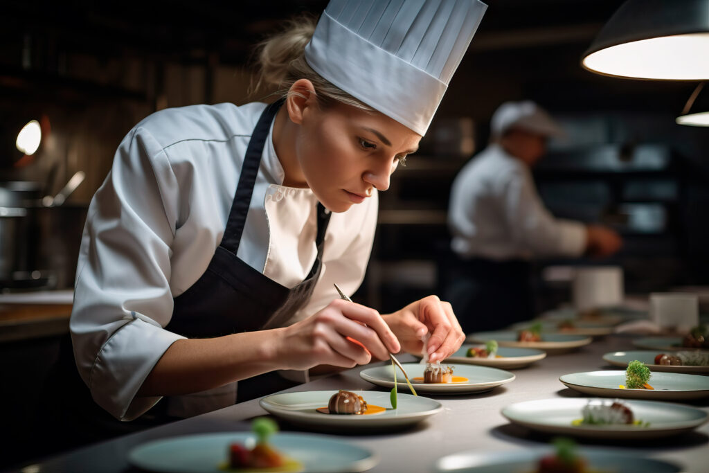 Female chef garnishing food in kitchen at restaurant.