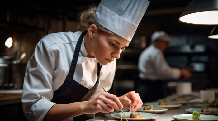 Female chef garnishing food in kitchen at restaurant.