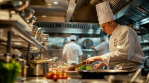 mentor chef and an apprentice in a bustling gourmet kitchen, the mentor demonstrating a cooking technique, surrounded by fresh ingredients and stainless steel cookware, warm kitchen lighting